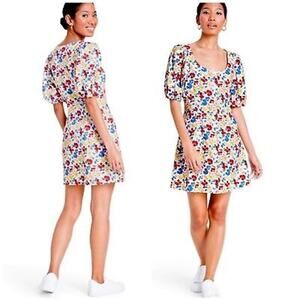 Rixo for Target Women's Linen Rayon Multi Floral Puff Sleeve Button Dress 2 NWT